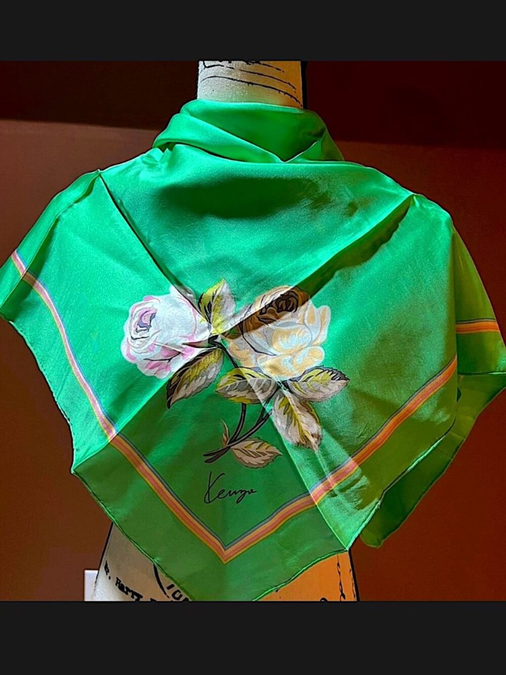 Vintage 1980s KENZO Paris Floral Silk Scarf Hand-Rolled Hem / Made in Japan